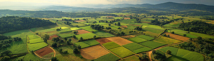 Patchwork of farmlands with fields in various stages of cultivation, divided dirt roads and bordered trees