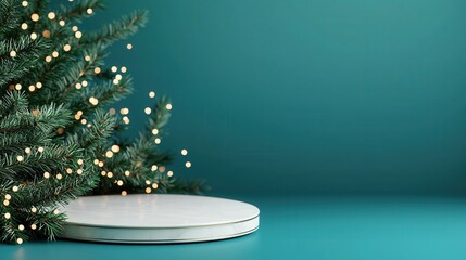 Festive Christmas Tree with Lights and Display Stand on Teal Background