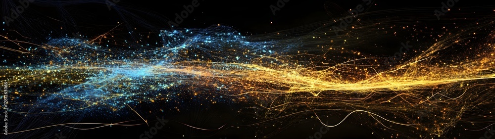 Poster dazzling digital cosmic landscape with flowing energy particles and fluid interconnected network of 