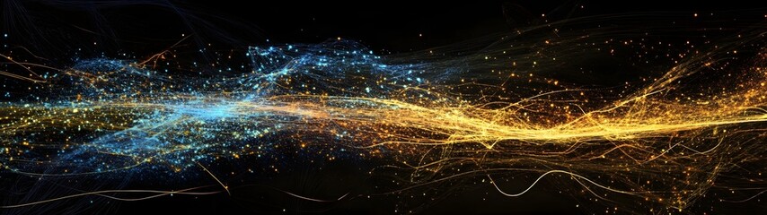 Obraz premium Dazzling Digital Cosmic Landscape with Flowing Energy Particles and Fluid Interconnected Network of Luminous Lights Against a Dark Backdrop