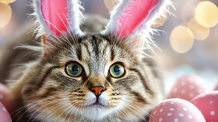 Adorable cat with bunny ears surrounded by pink easter eggs and soft bokeh lights.