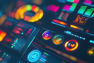 Obraz premium Vibrant digital interface displays colorful data graphs.