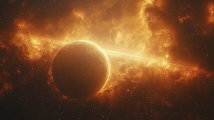 Obraz premium Fiery nebula envelops a planet with a bright ring.