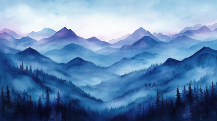 Obraz premium Watercolor wallpaper with abstract mountain ranges in soft blues and purples