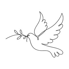 One line Dove Drawing, Peace Symbol, Olive Branch, Hope, Flight