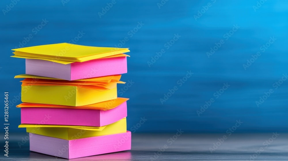 Poster a stack of colorful sticky notes arranged on a reflective surface against a blue background. bright 