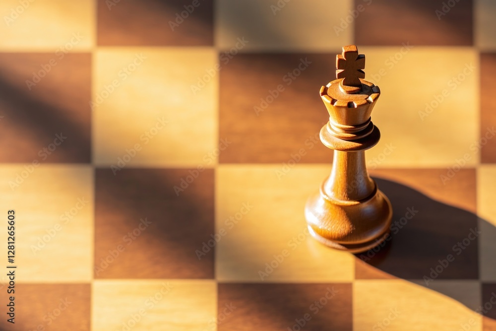 Poster top-down view of chessboard with only king piece standing in center square surrounded by empty space