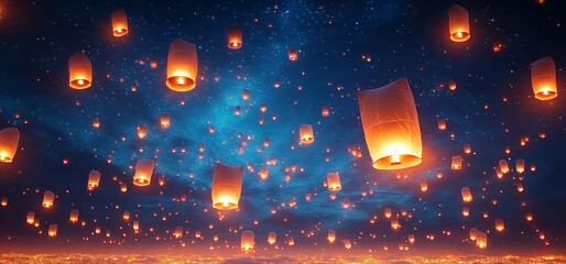 Obraz premium Kongming lanterns under the night sky