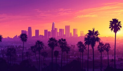 Sunset over LA cityscape, palm trees silhouette