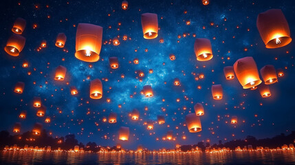 Obraz premium Kongming lanterns under the night sky