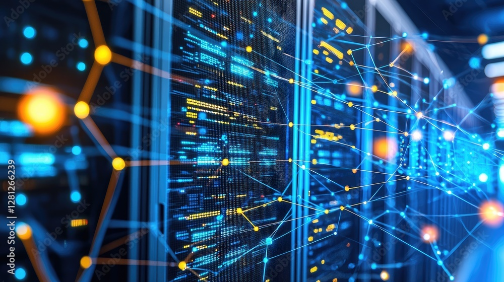 Poster Futuristic data network visualization with illuminated server racks and digital connections. Ideal for AI, cybersecurity, cloud computing, and big data concepts