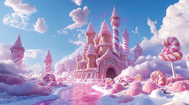 Sweet candy fantasy world with giant chocolate castles, lollipop gardens, and sugar clouds 