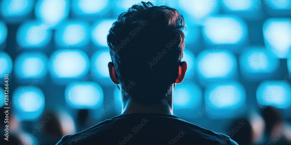 Poster a person stands in front of multiple screens, illuminated by blue light, creating a captivating yet 