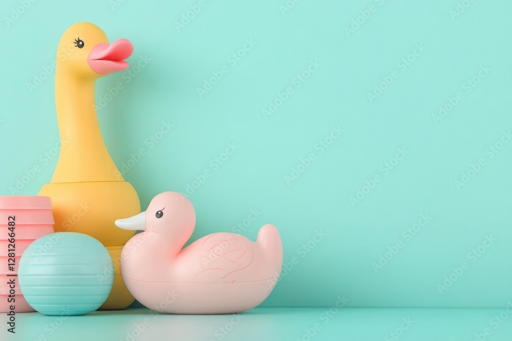 Poster vibrant image of colorful toys neatly arranged on display table with soft lighting and clean backgro