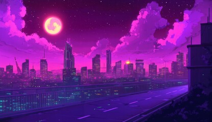 Neon city skyline at night, stylized illustration, bridge view, moonlit clouds