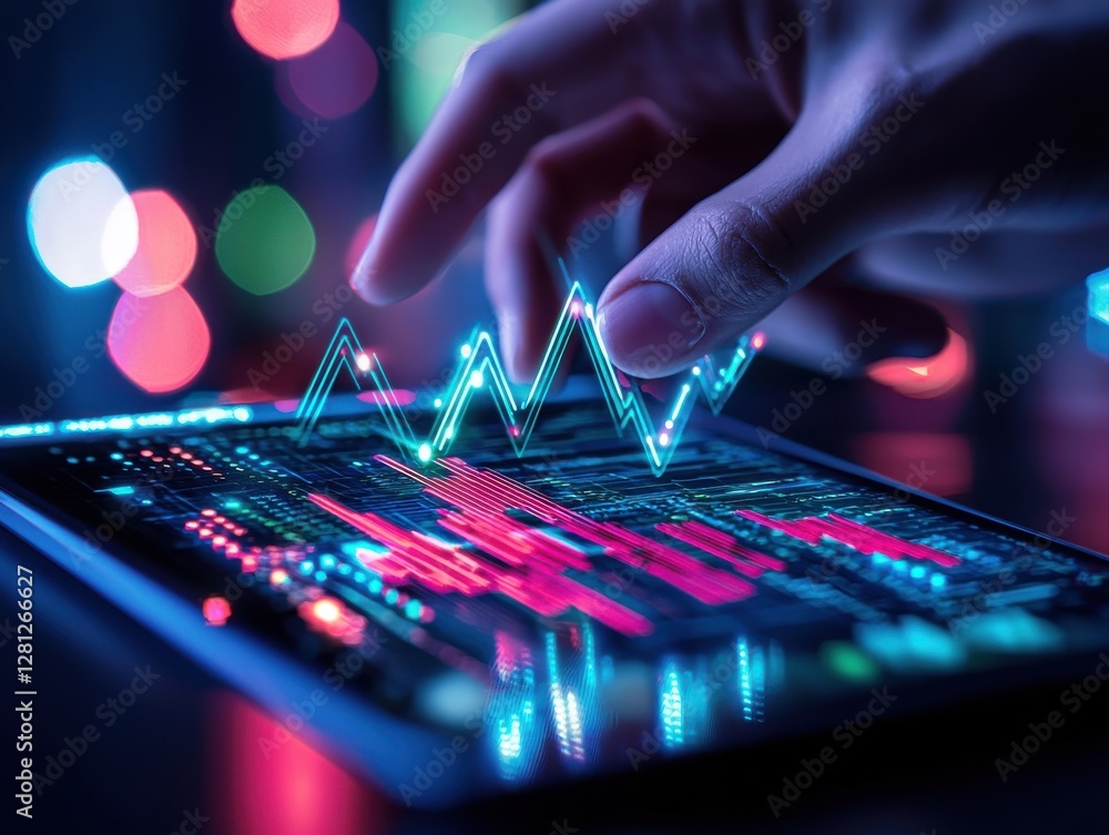 Poster a hand interacts with a digital display showing vibrant financial graphs and data, illuminated by co
