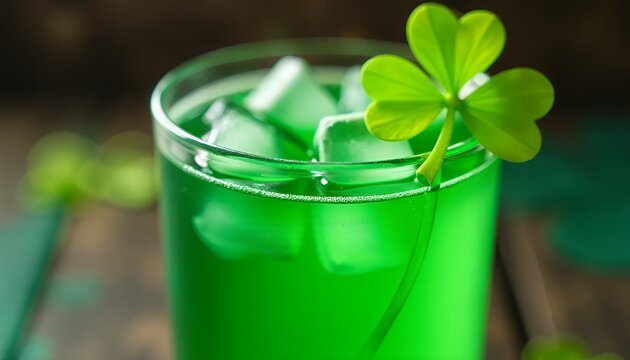 Close-up of a St. Patrick’s Day themed drink with green tint, served with shamrock garnishes, celebrating Irish culture