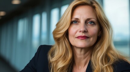 Portrait of a middle aged woman with long blonde hair, wearing a dark blazer. She has a neutral expression and is looking directly at the camera. The