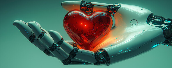 Robotic hand grasping a bright, shiny heart, illuminated soft, diffuse light on a smooth, neutral colored backdrop