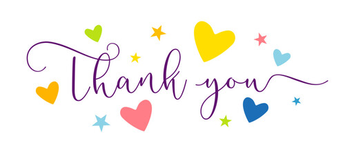 Thank you cute card. Creative graphic thanks with colorful hearts and stars. Bouquet card. Set of abstract design elements. Beautiful greeting banner, web icon. Typographic concept with vitage text.