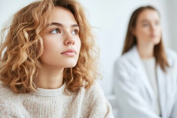 young adult in therapy sitting with introspective expression while therapist listens attentively