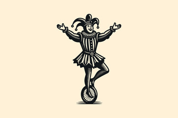 Medieval jester balancing on a unicycle, vintage engraving icon