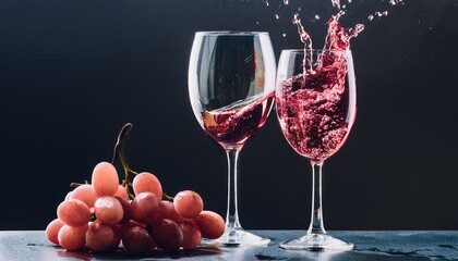 Wine is splashing out of glasses near a bunch of grapes 
