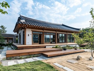 Obraz premium Traditional korean house with roof and traditional design style