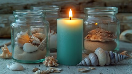 A pale aqua candle glowing beside glass jars of beach sand and seashells