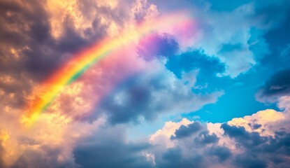 Colorful rainbow arches over dramatic sunset clouds