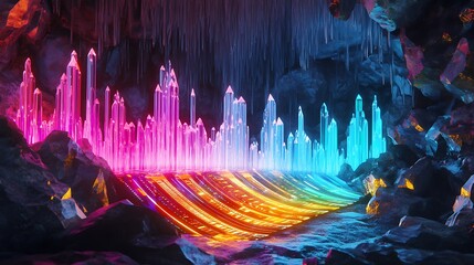Luminous Crystal Formations in a Vibrant Cave