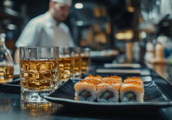 Fototapeta premium Sushi Platter with Decorative Glasses of Whiskey on Restaurant Countertop in Modern Sushi Bar