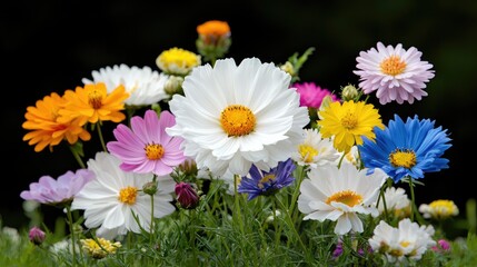 Obraz premium Vibrant bouquet of colorful cosmos and aster flowers blooming in a garden under bright daylight.