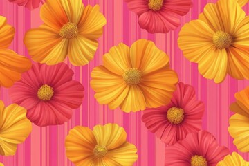 Colorful floral pattern featuring vibrant yellow and pink flowers on a striped pink background, ideal for spring themed designs or backgrounds