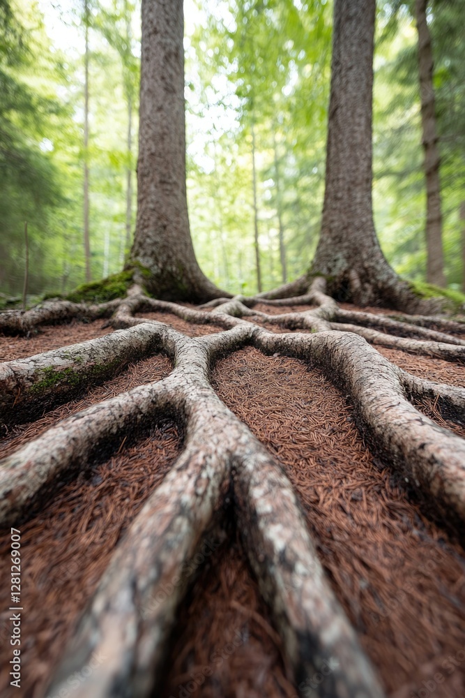 Poster unusual perspective of tree roots intertwining like labyrinth on forest floor