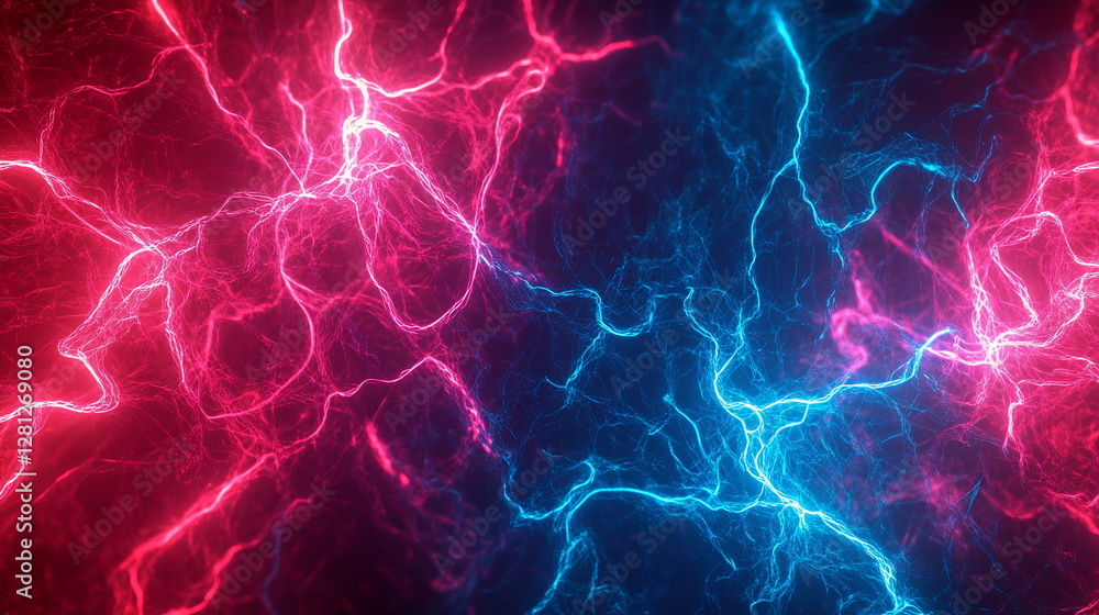 Poster a web of intertwining neon rays in shades of red and blue, forming a complex and energetic backgroun