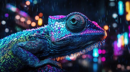 Fototapeta premium Colorful chameleon against blurred city lights, reflecting adaptation. Ideal for nature, urban environments, and concepts of camouflage and transformation.