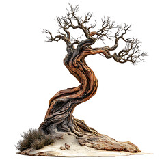 Fototapeta premium A dramatically gnarled and twisted dead bonsai-style tree stands prominently against a stark transparent background suitable for nature