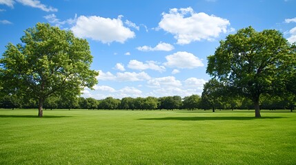 Obraz premium Two Lush Green Trees in a Sunny Field Under a Blue Sky