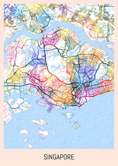 Singapore Map, district banner, business modern landmark, neighborhood paint travel, hometown downtown design, destination landmark