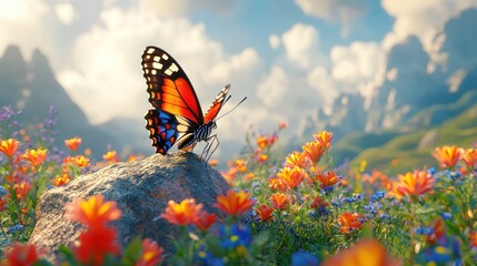 A brightly colored butterfly with intricate patterns on its wings sits on a rock surrounded by flowers in the background of a mountain.