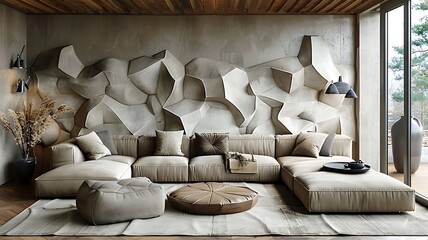 Sophisticated and Elegant Modern Living Room Featuring Unique Textured Wall Art Design