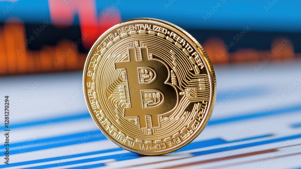 Aufkleber close up of a gold cryptocurrency coin resting on a graph showing market trends. the background is b