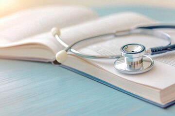 close-up of stethoscope resting on open medical textbooks arranged on wooden desk for serious student