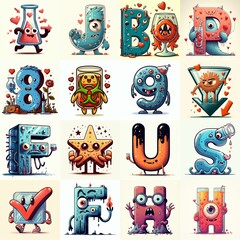 Fototapeta premium Cartoon glass Monsters Lettering Typeface. AI generated illustration