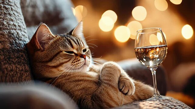 Relaxed cat holding wine glass on luxurious armchair in cozy home setting.