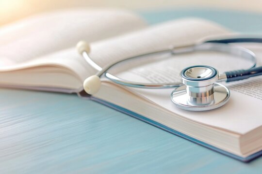 close-up of stethoscope resting on open medical textbooks arranged on wooden desk for serious student