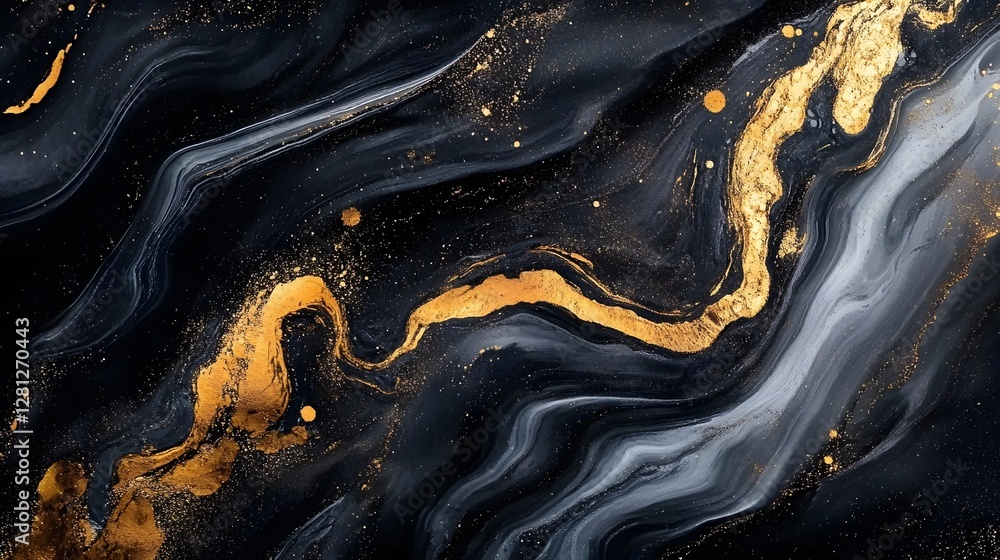 Poster dramatic abstract background composed of mesmerizing swirling metallic ink splashes fluid brushstrok