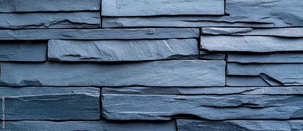 Poster close up view of a wall constructed from horizontally stacked, dark blue rectangular stone blocks wi