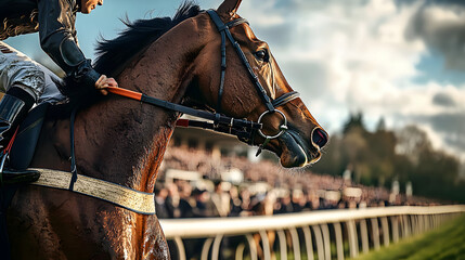 Obraz premium Cheltenham Festival, close-up of an energetic racehorse with a jockey in the saddle, details of sweat on the horse's body and the bridle glistening in the sunlight, Ai generated images